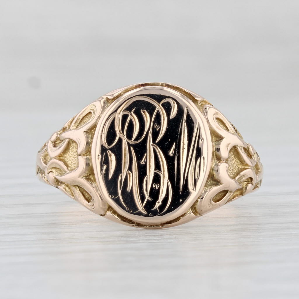 Light Gray Script Monogrammed Signet Ring 10k Yellow Gold Size 9.5 Vintage Ornate