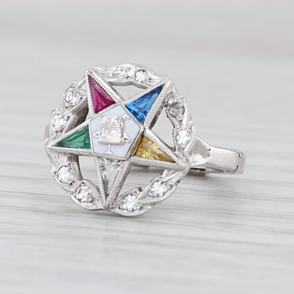 Masonic Order Eastern Star Signet Ring 14k White Gold Size 5 Arthritc Shank