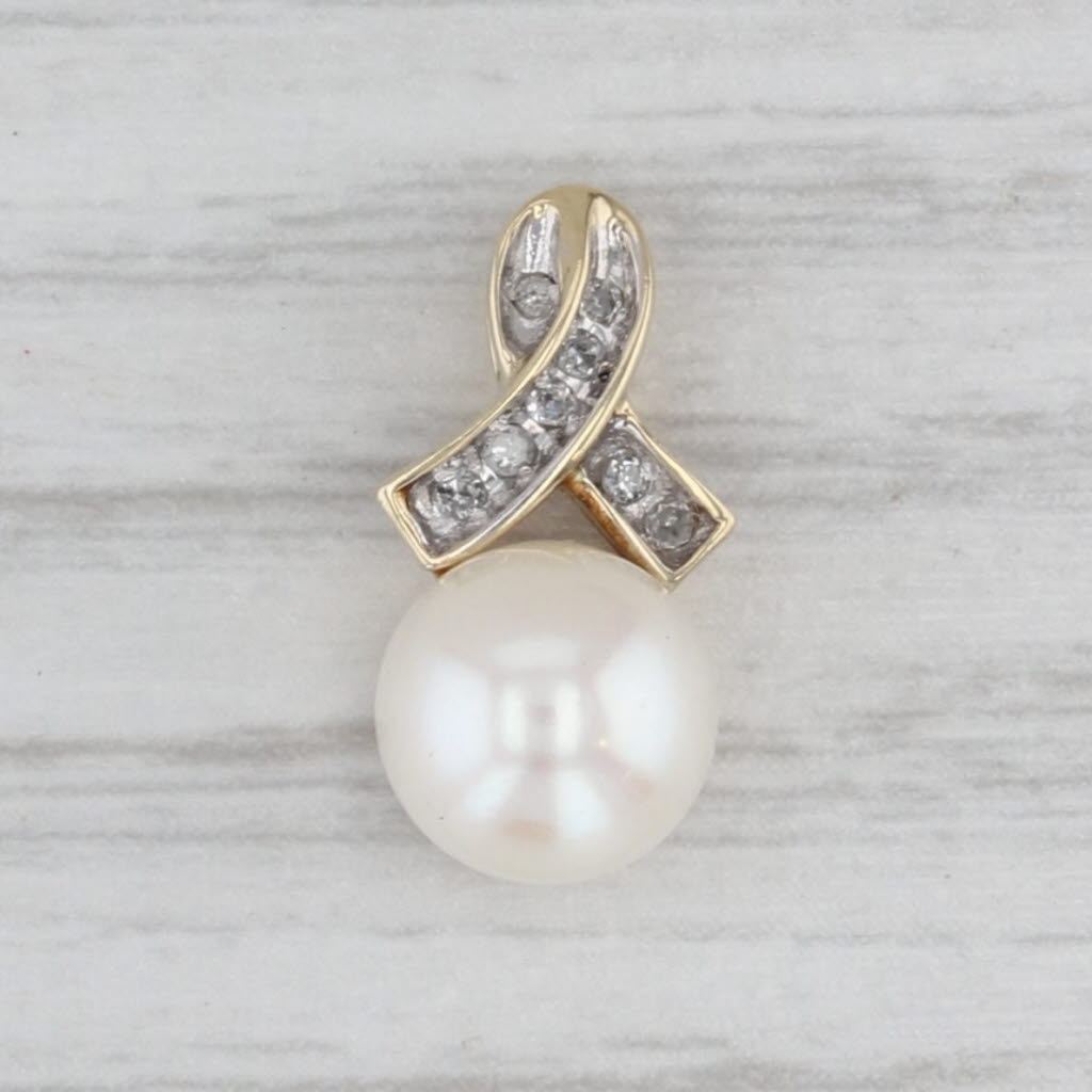 7.6mm Cultured Pearl Diamond Pendant 10k Yellow Gold Small Drop