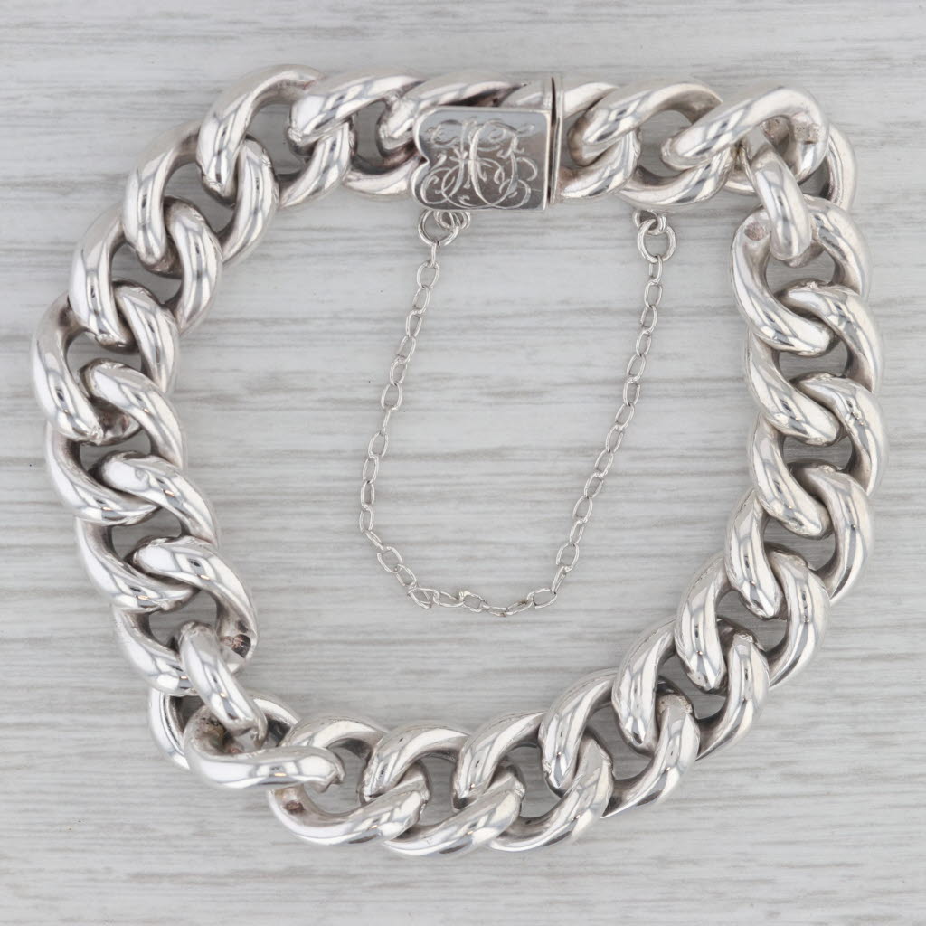 Gray Curb Chain Bracelet w/ Safety Chain 830 Silver Antique Monogrammed 7.5" 12.2mm