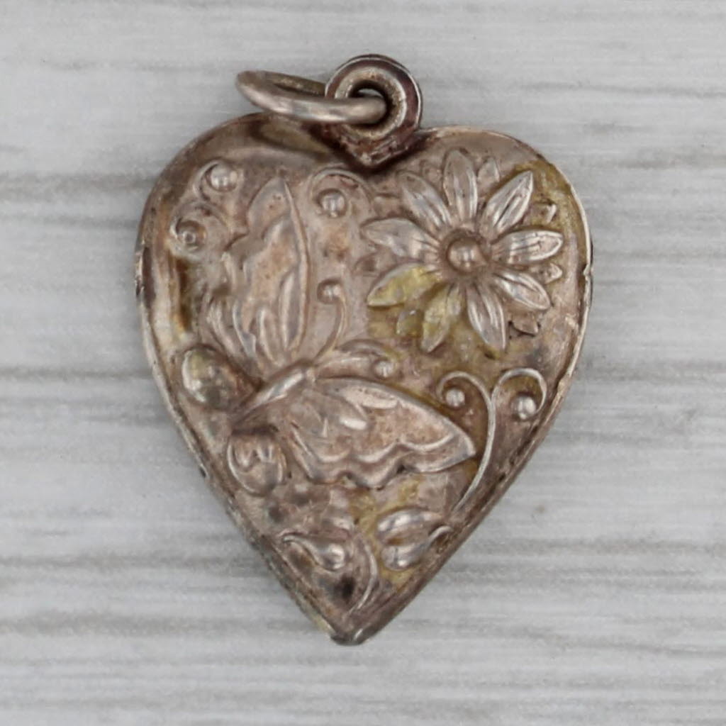 Dark Gray Vintage Floral Puffy Heart Charm Sterling Silver Pendant Ornate