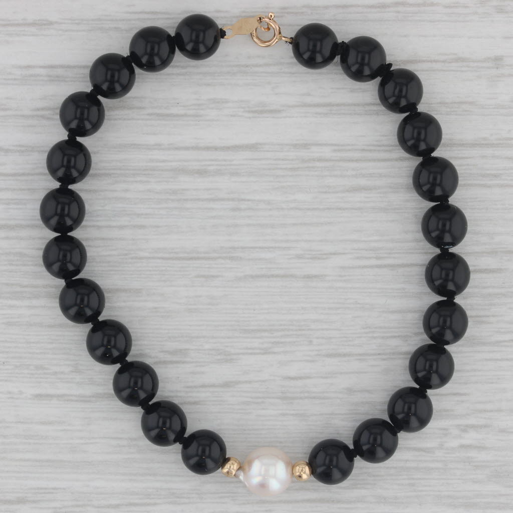 Gray Black Onyx Cultured White Pearl Bead Strand Bracelet 14k Yellow Gold 7"