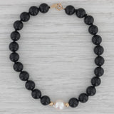 Black Onyx Cultured White Pearl Bead Strand Bracelet 14k Yellow Gold 7"