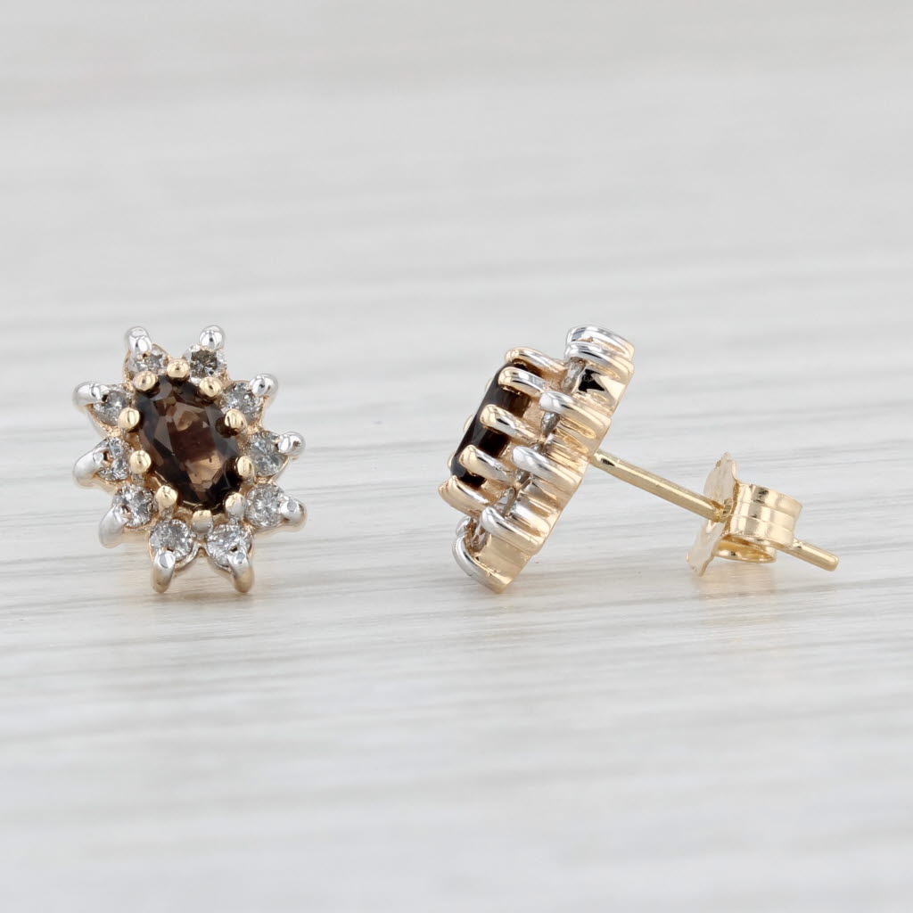 Light Gray 0.76ctw Smoky Quartz Diamond Halo Stud Earrings 14k Yellow Gold