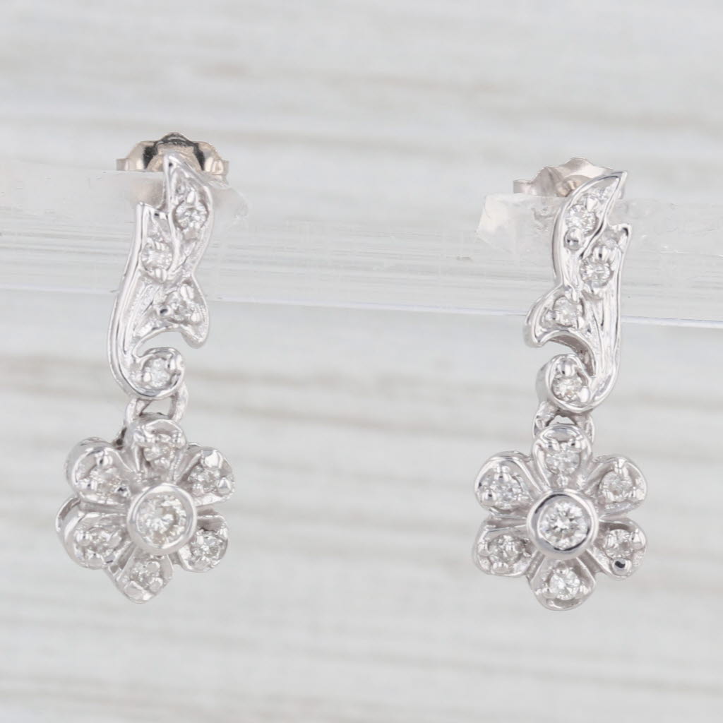 Light Gray 0.30ctw Diamond Flower Dangle Earrings 14k White Gold Pierced Drops