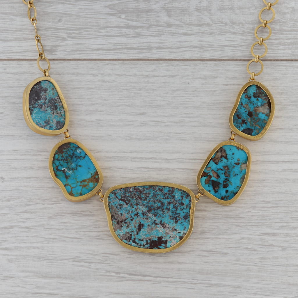 New Nina Wynn Turquoise Statement Necklace Sterling Gold Vermeil 20" Wisdom