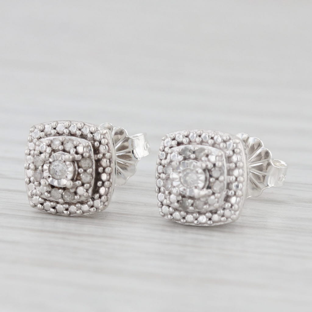 Light Gray Round Diamond Halo Stud Earrings Sterling Silver