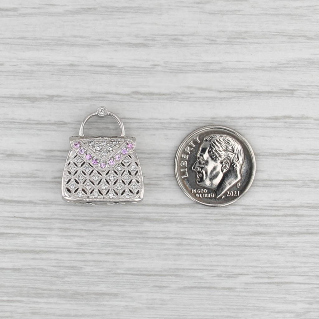 0.27ctw Diamond Pink Sapphire Purse Pendant 14k White Gold Hand Bag Charm Opens