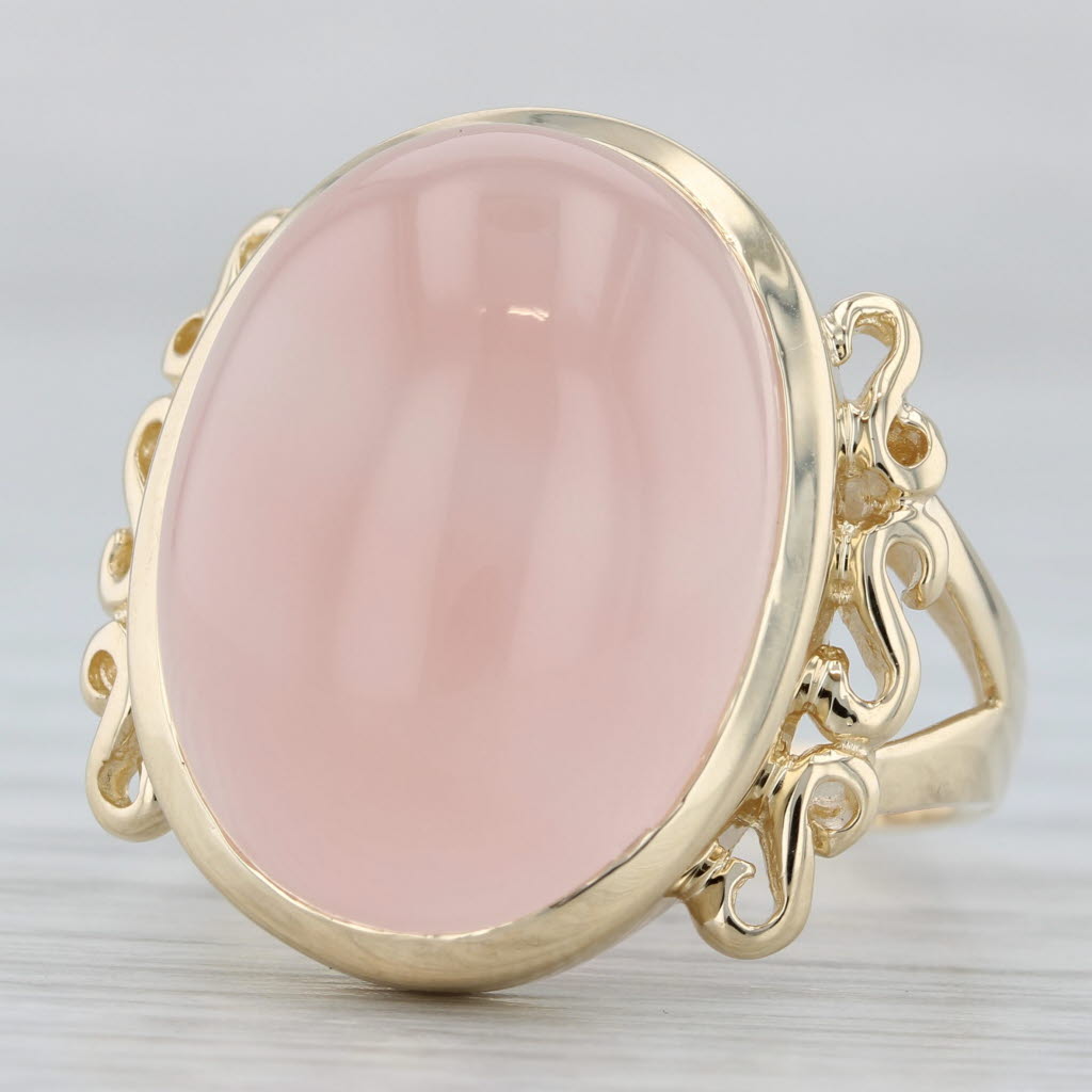 Gray Pink Rose Quartz Oval Cabochon Solitaire Ring 14k Yellow Gold Size 9.25