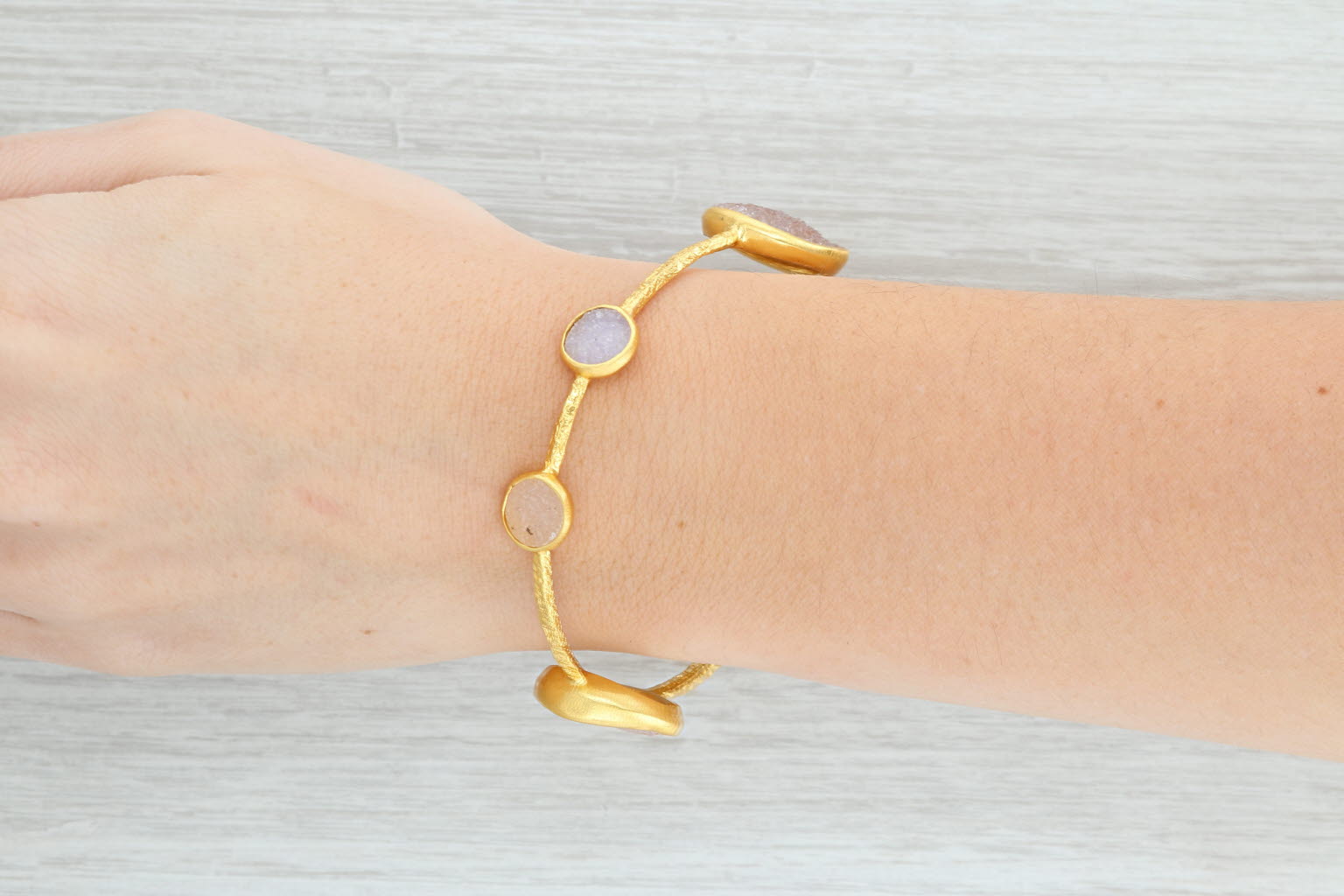 New Nina Wynn Bangle Bracelet Sand White Druzy Quartz 22k Vermeil Sterling