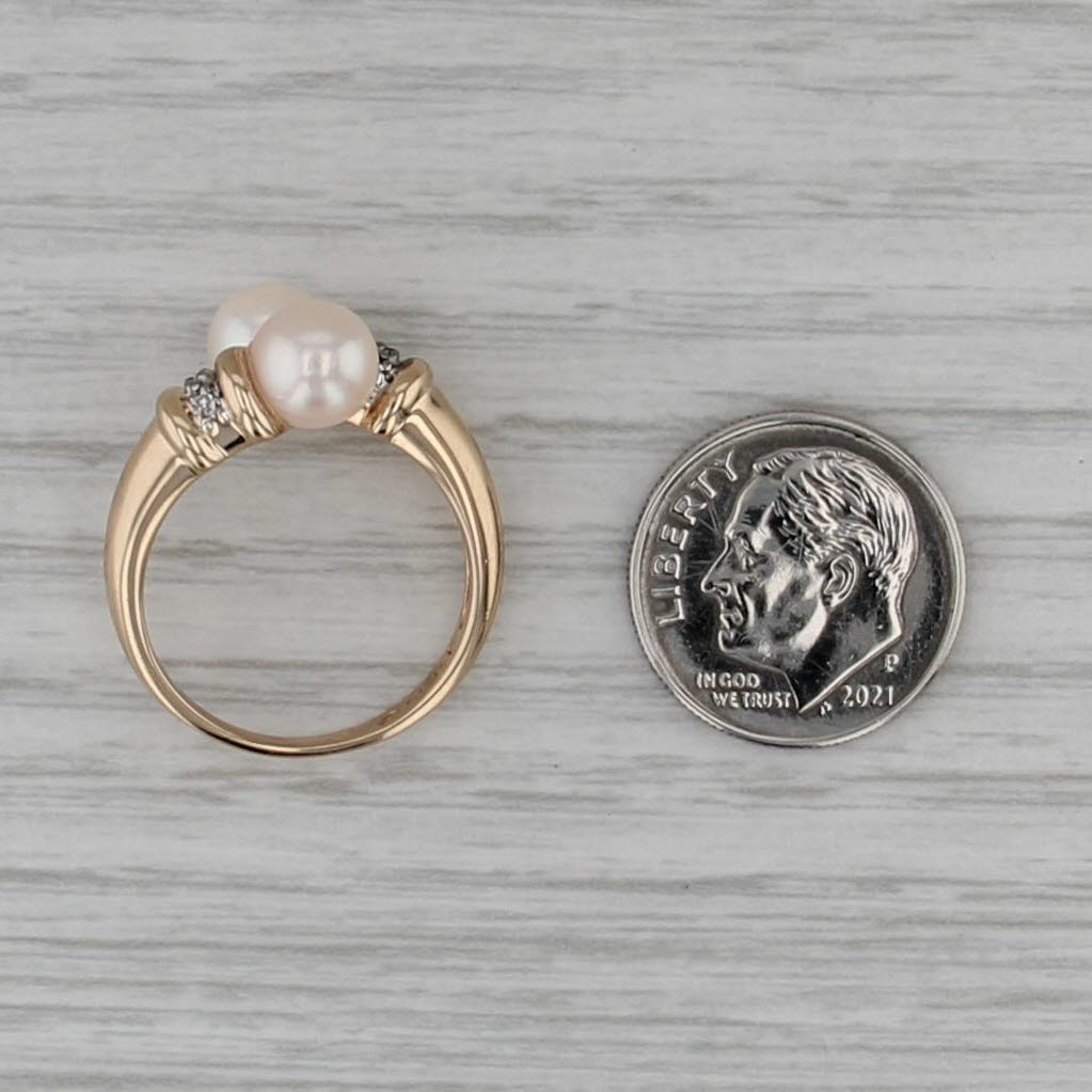 Cultured Pearl Bypass Ring 14k Yellow Gold Size 6.75 Diamond Accents