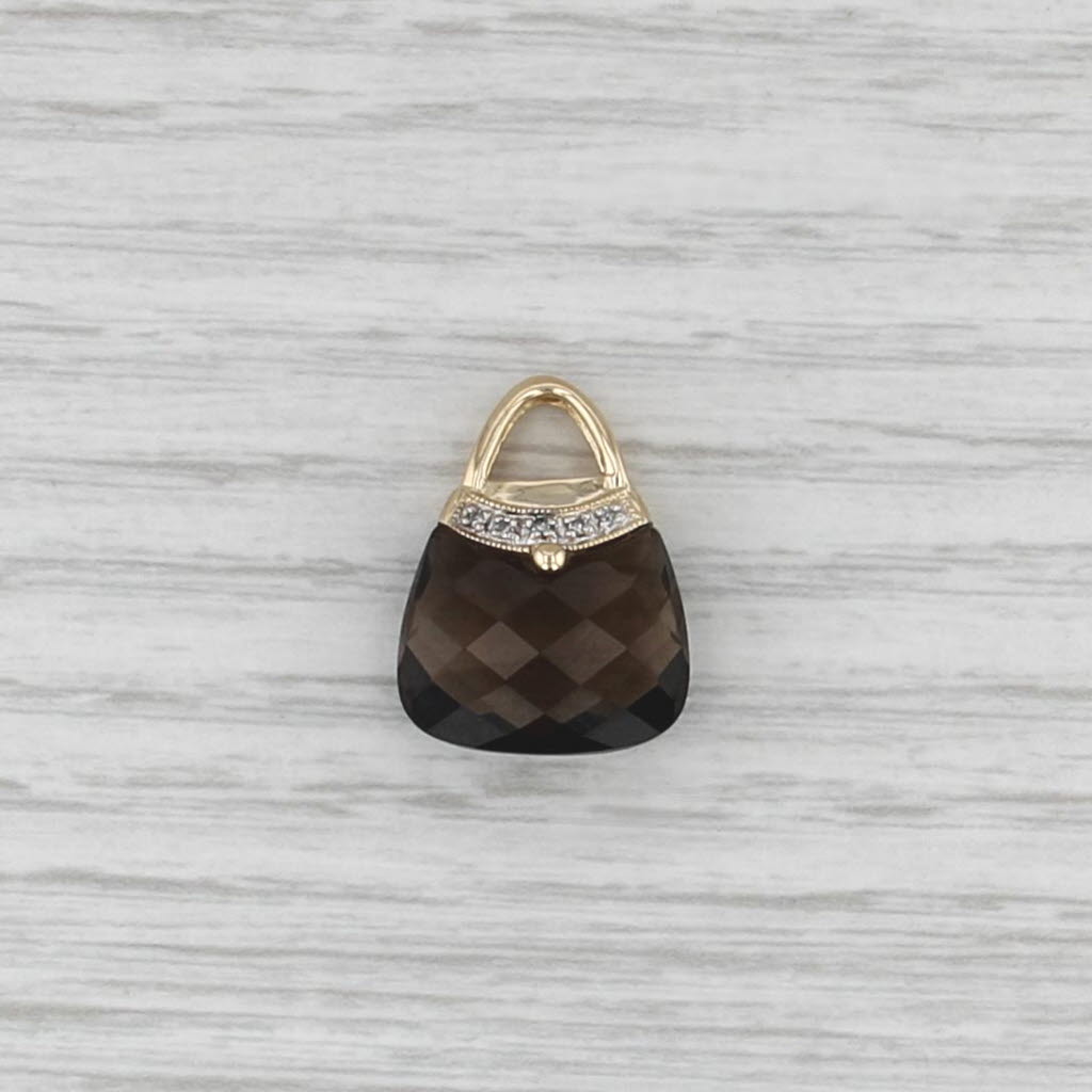 Smoky Quartz Diamond Purse Pendant 14k Yellow Gold Charm