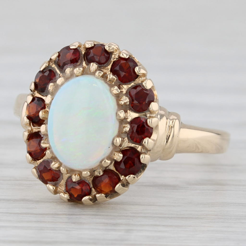 Light Gray Vintage Opal Cabochon Garnet Halo Ring 14k Yellow Gold Size 8