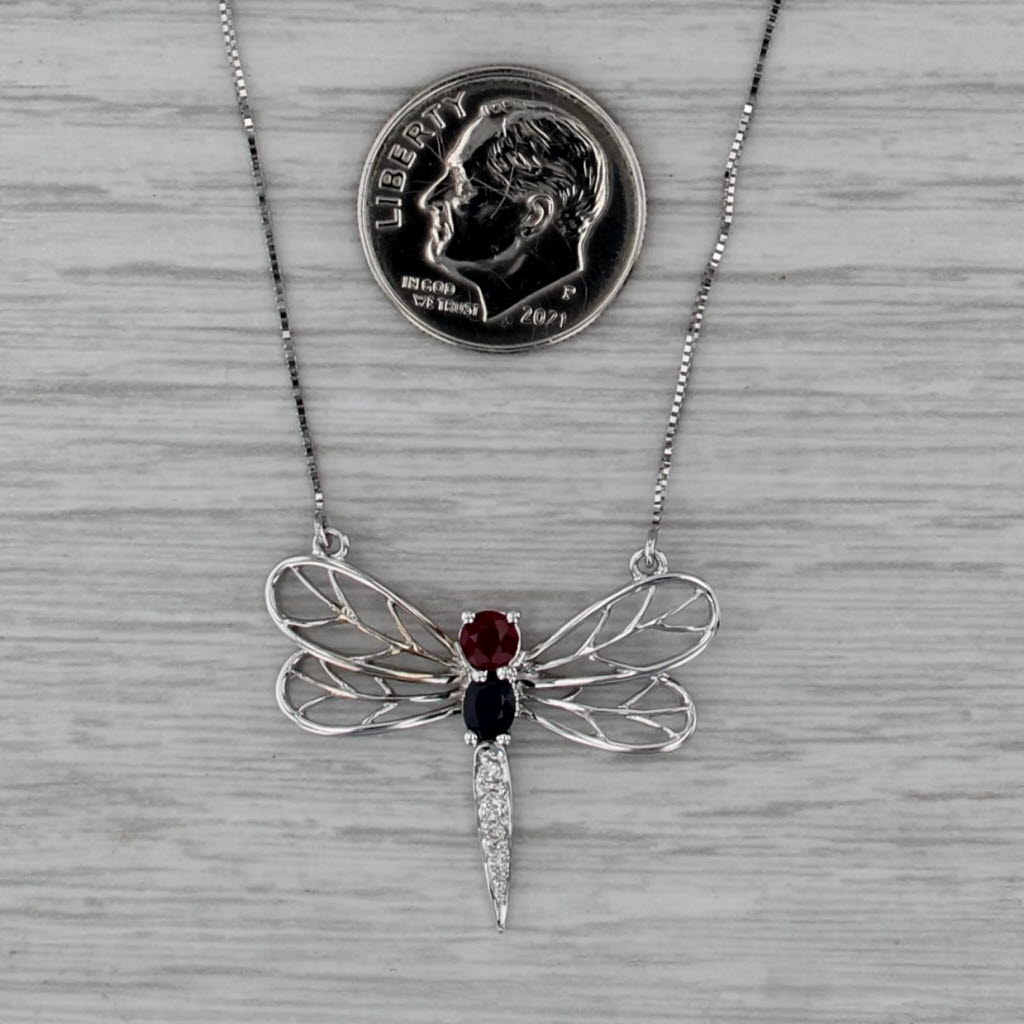 0.45ctw Sapphire Ruby Diamond Dragonfly Pendant Necklace 14k White Gold 17.75"