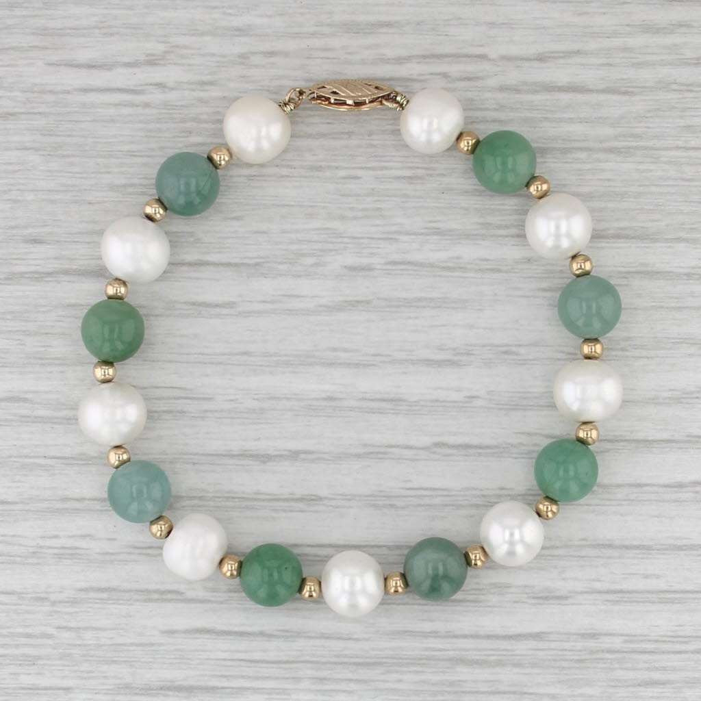 Cultured Pearl Prehnite Bead Bracelet 14k Yellow Gold 7.5" Single Strand