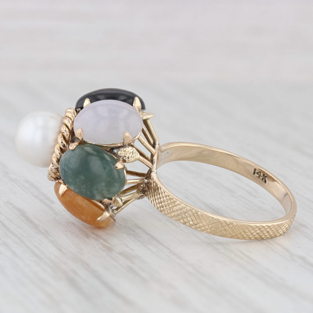 Light Gray Cultured Pearl Jadeite Jade Ring 14k Yellow Gold Cocktail Size 6.25