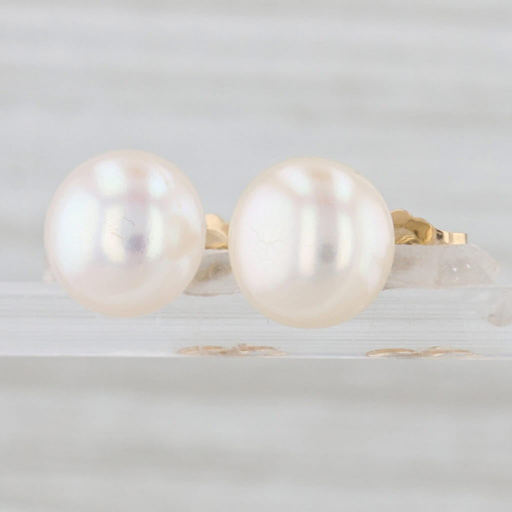 9mm Cultured Pearl Solitaire Stud Earrings 14k Yellow Gold Round Studs