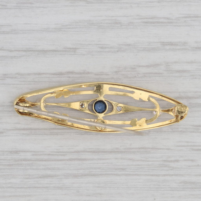 Antique Blue Sapphire Seed Pearl Diamond Ornate Brooch 15k Gold Platinum Pin