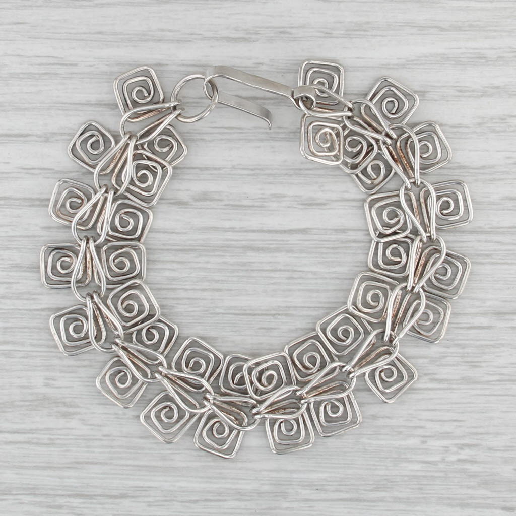 Handmade Swirl Chain Bracelet Sterling Silver 7.75" 18.8mm Mexico Statement