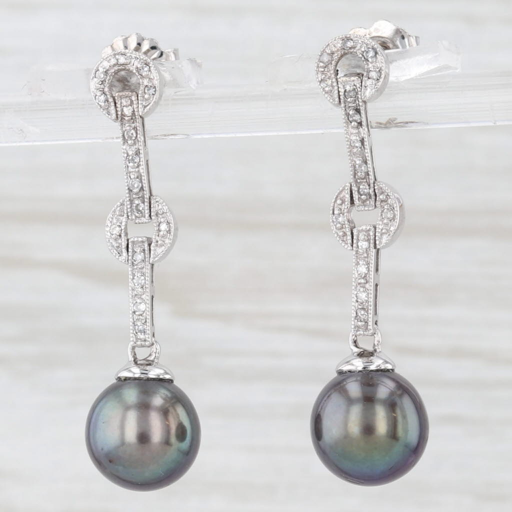 Light Gray Diamond Black Pearl 14k White Gold Dangle Earrings