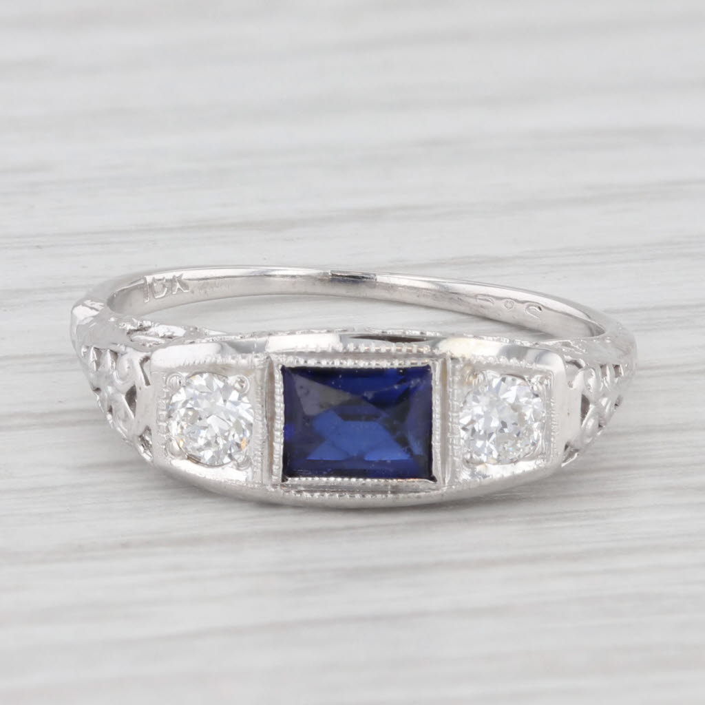 Light Gray 0.78ctw Lab Created Sapphire Diamond Art Deco Ring 18k White Gold Size 6