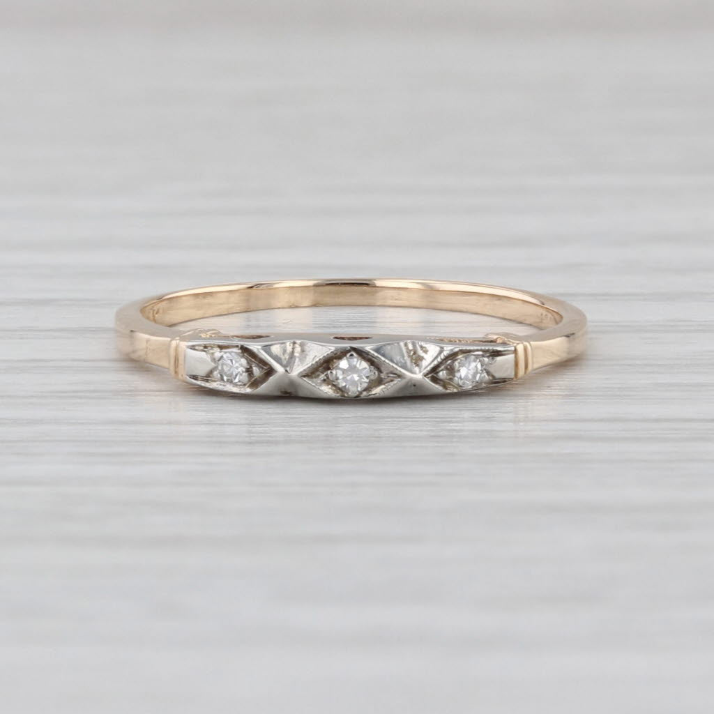 Vintage Diamond 3-Stone 14k White Yellow Gold Wedding Band Size 6.5 Stackable