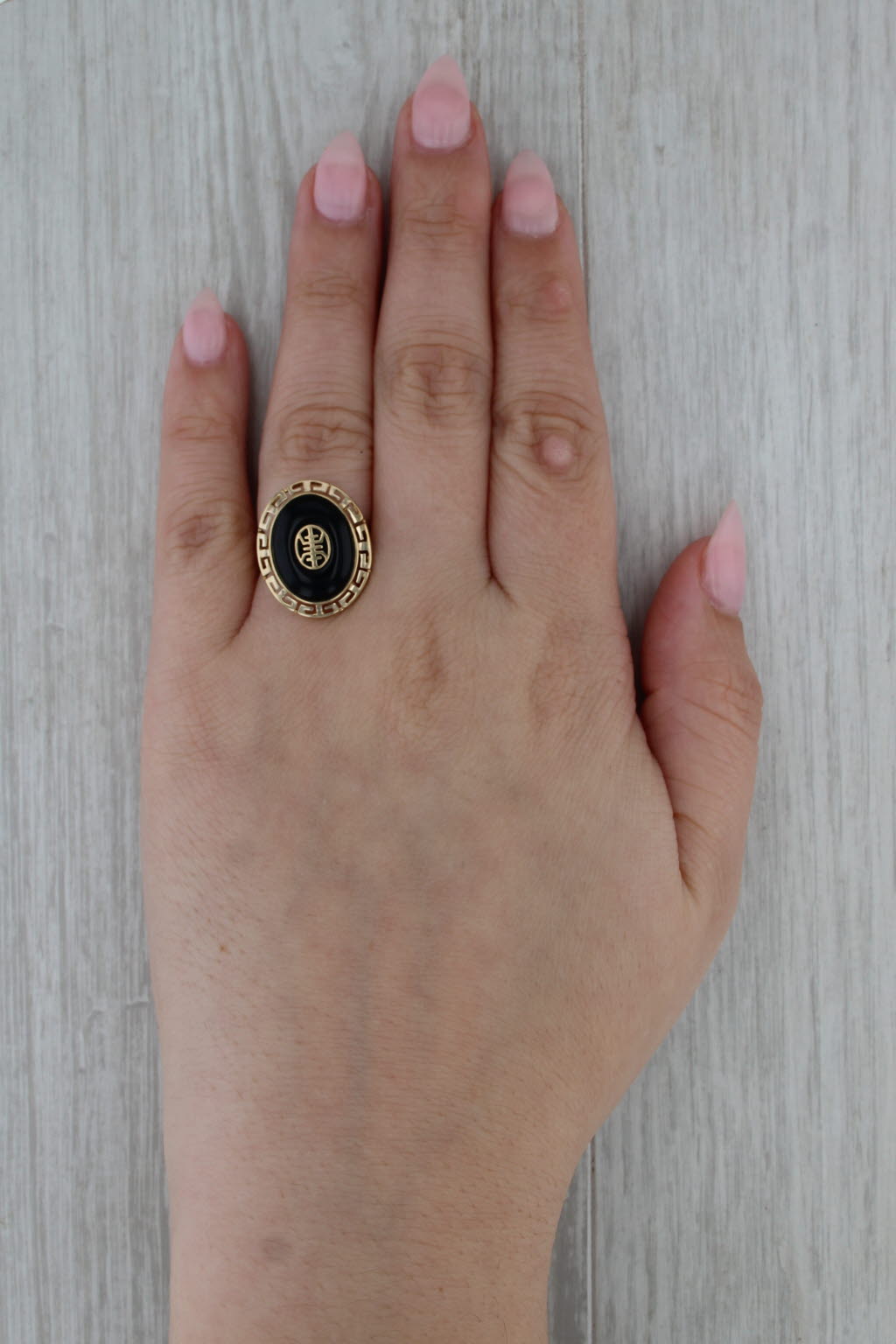 Longevity Shou Chinese Character Onyx Cabochon Ring 14k Yellow Gold Size 6.25