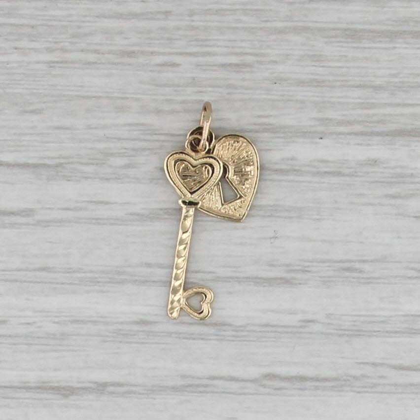 Heart Lock Skeleton Key Charm 14k Yellow Gold Pendant