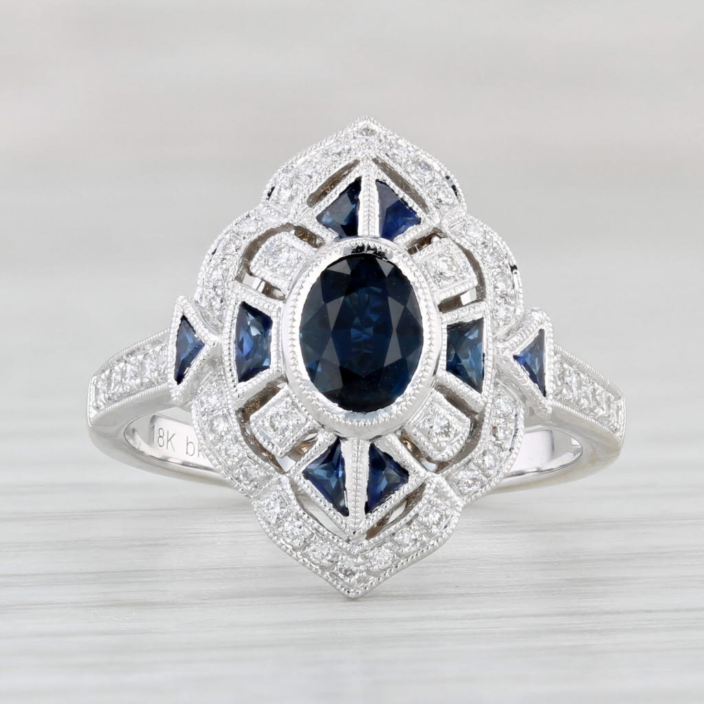 Light Gray New Beverley K 1.45ctw Blue Sapphire Diamond Halo Ring 18k White Gold Size 6.5