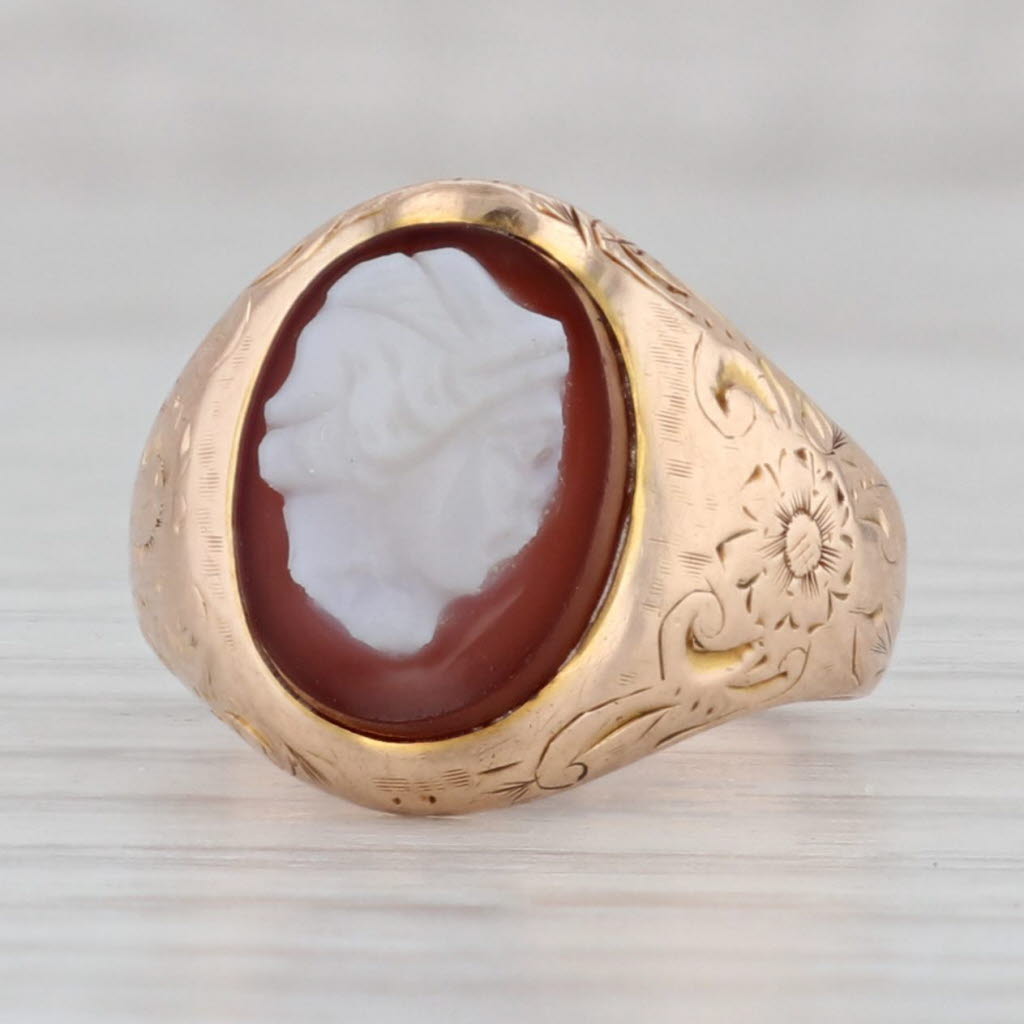 Gray Antique Sardonyx Cameo Ring 10k Yellow Gold Size 3.5 Ornate Floral Signet