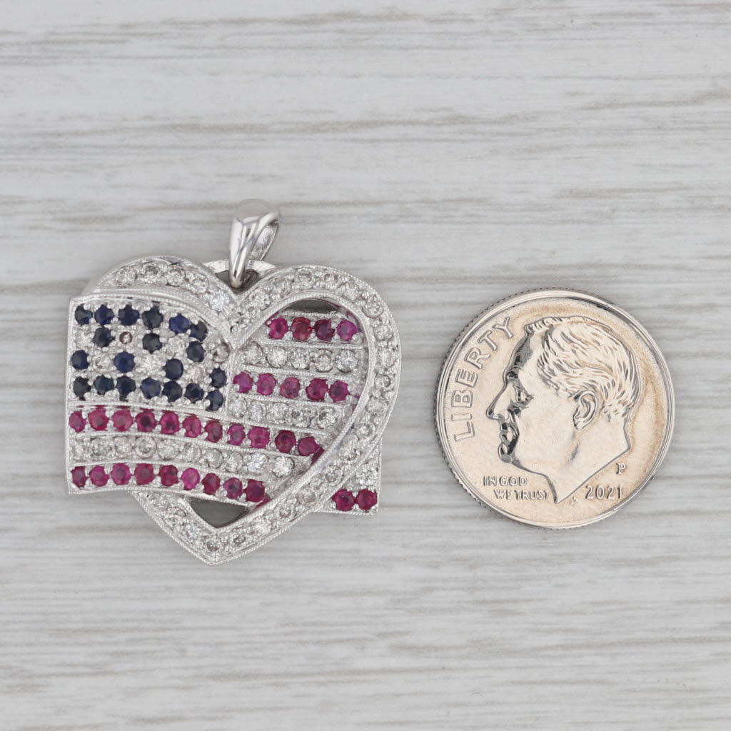 Gray 1.70ctw Diamond Ruby Sapphire American Flag Open Heart Pendant 14k White Gold