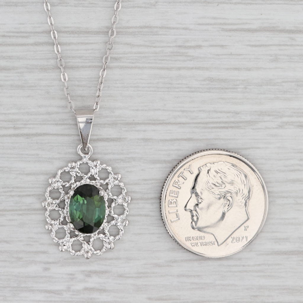 Light Gray 1.35ct Green Tourmaline Pendant Necklace 18k White Gold 18" Cable Chain