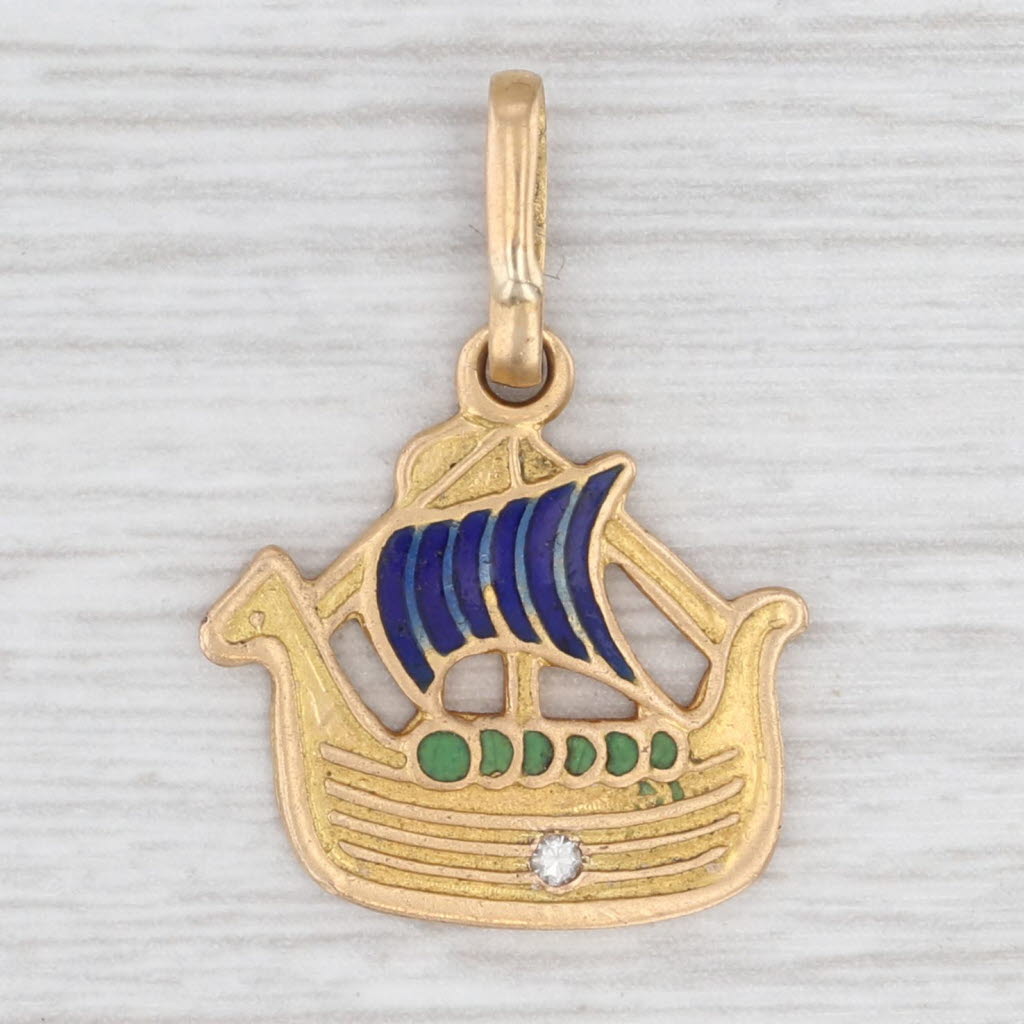 Light Gray Vintage Viking Ship Pendant 18k Yellow Gold Enamel Diamond Charm