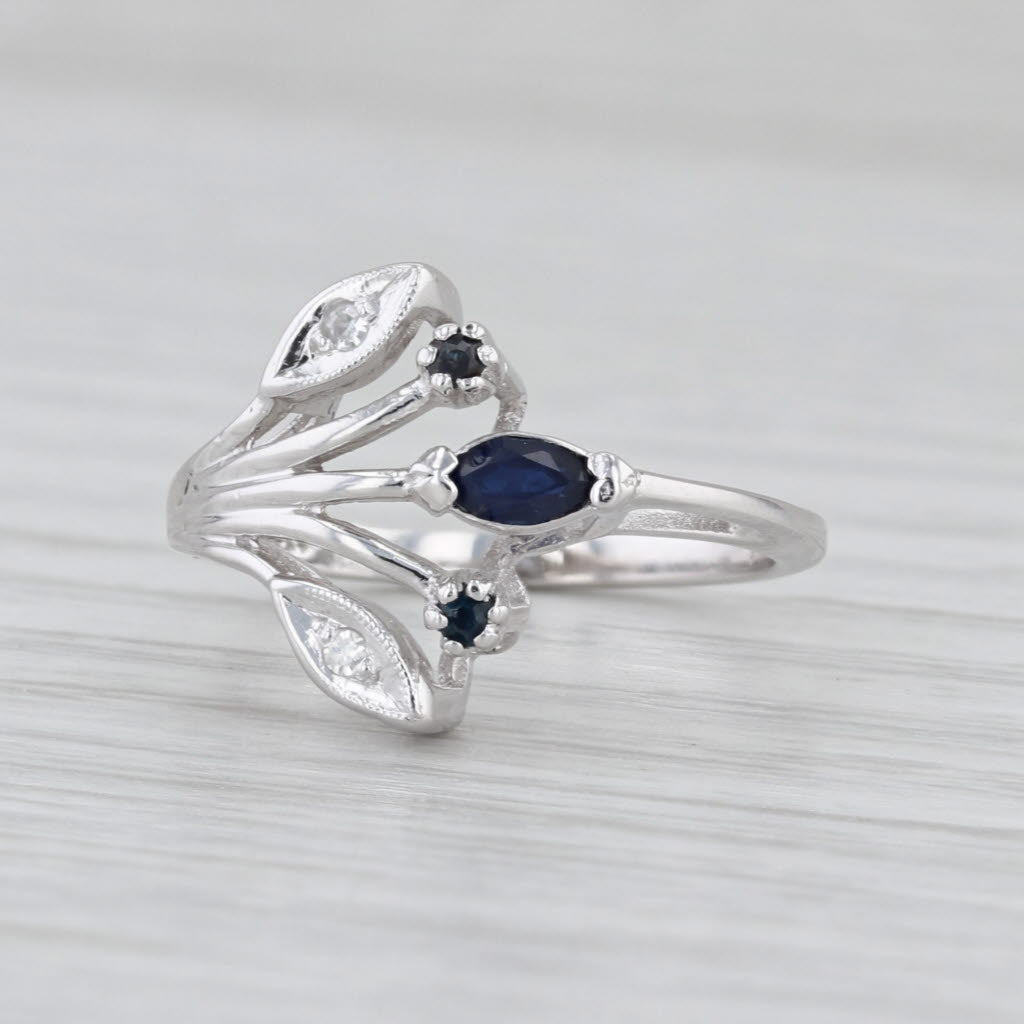 0.16ctw Blue Sapphire Diamond Flower Spray Ring 14k White Gold Size 4.5