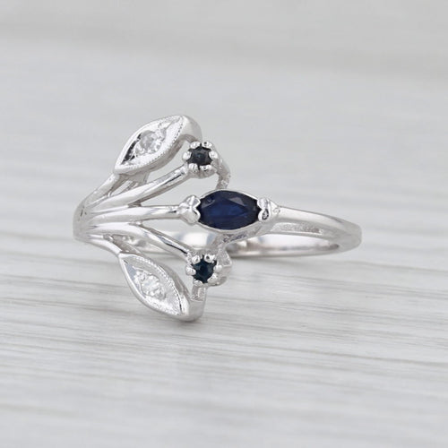 0.16ctw Blue Sapphire Diamond Flower Spray Ring 14k White Gold Size 4.5
