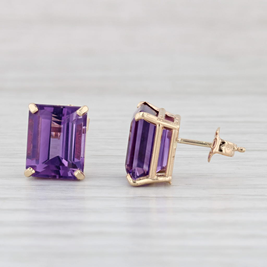 Light Gray 6.10ctw Emerald Cut Amethyst Solitaire Stud Earrings 14k Yellow Gold