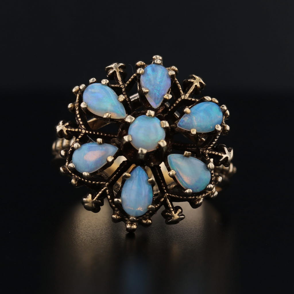 Antique Opal Flower Ring 14k Yellow Gold Filigree Size 6.75 Cocktail