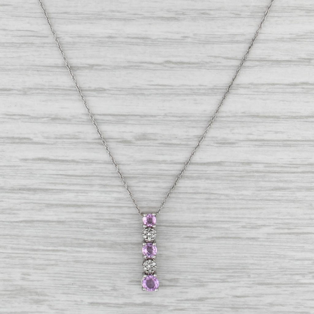 0.77ctw Pink Sapphire Diamond Journey 3-Stone Pendant Necklace 14k White Gold