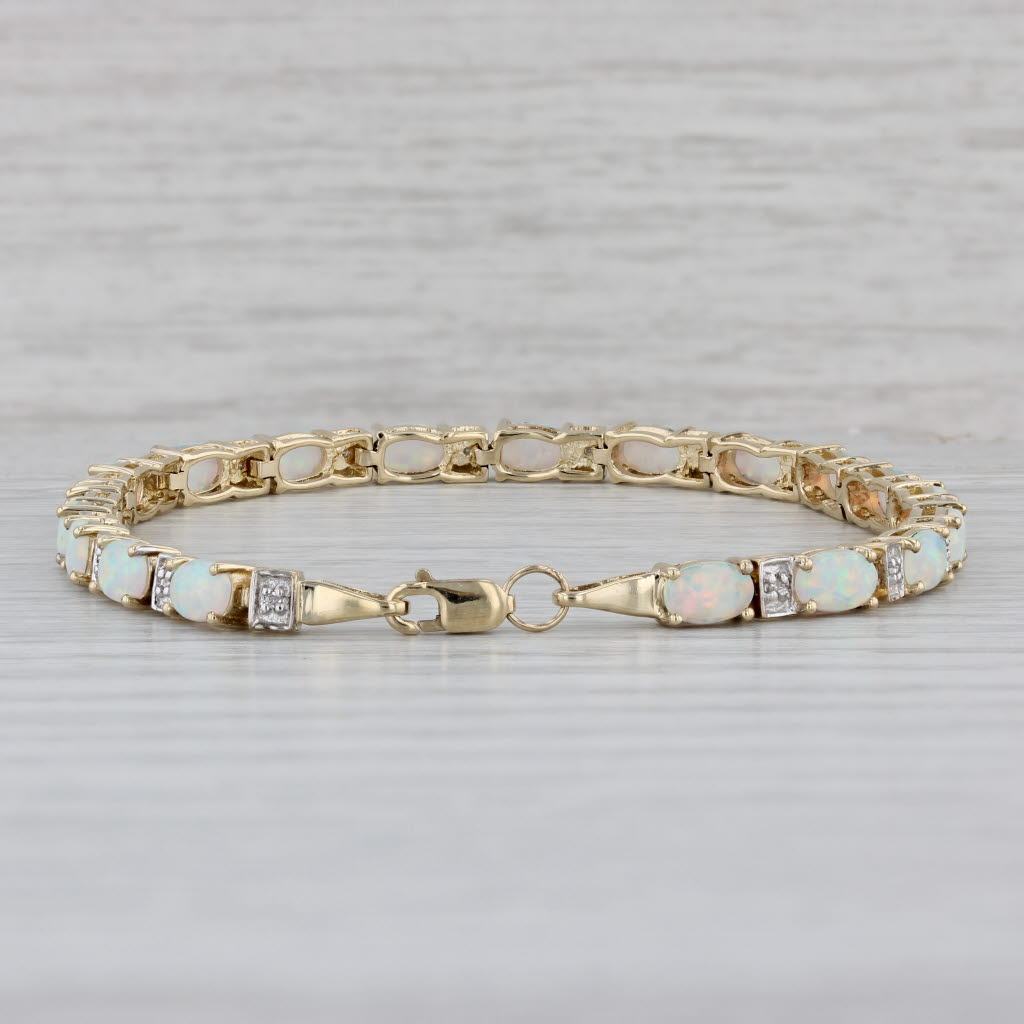 Gray Lab Created Opal Diamond Tennis Bracelet 10k Yellow Gold 7.25" 4.3mm