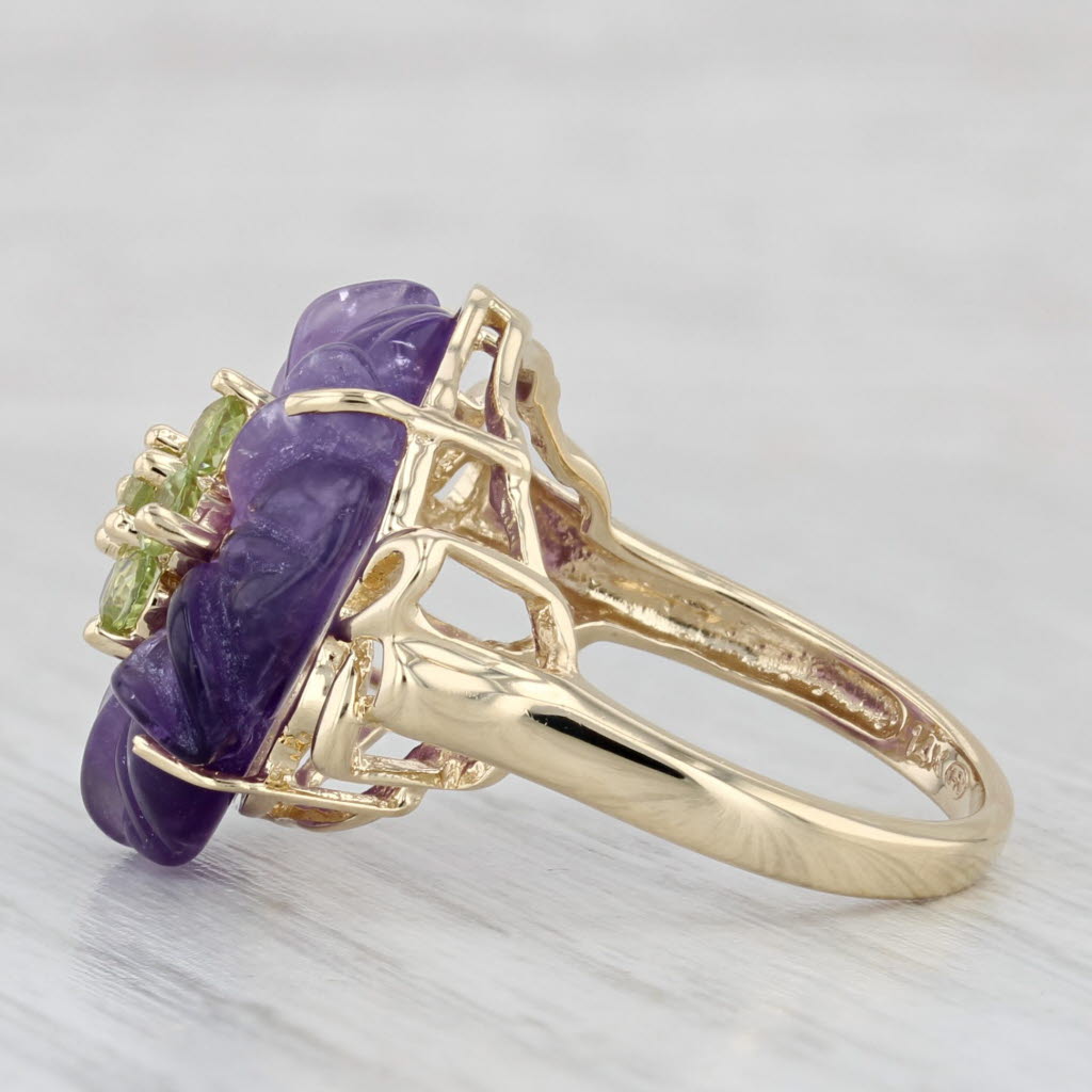 Light Gray Carved Amethyst Peridot Flower Ring 14k Yellow Gold Size 6.25