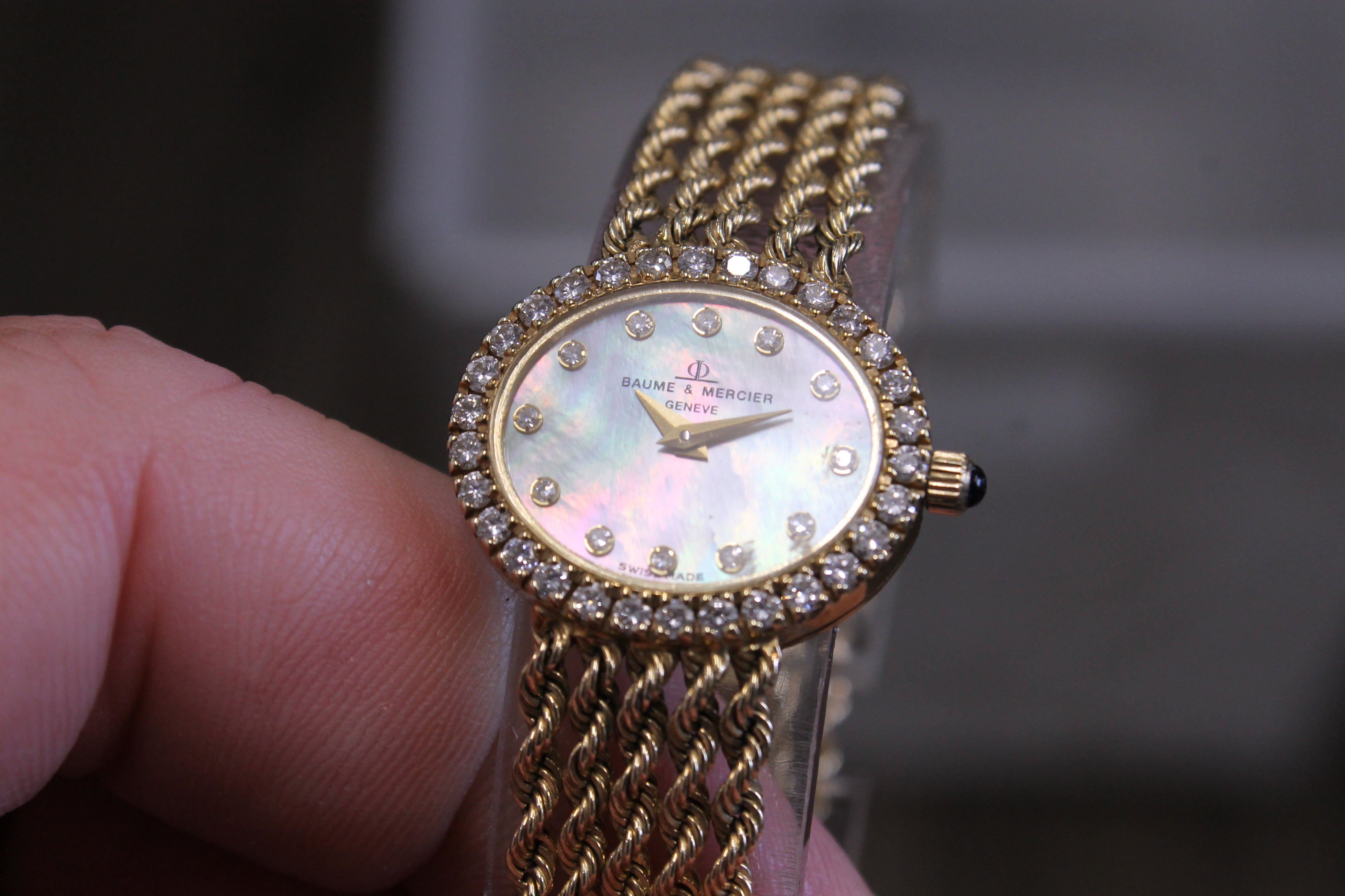 Vintage Baume & Mercier 14k Yellow Gold Ladies MOP & Diamond Rope Dress Watch