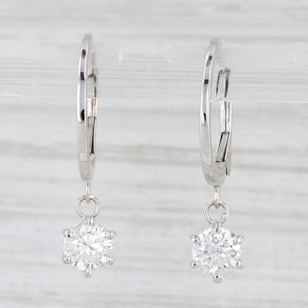 Light Gray 1ctw Diamond Dangle Hoop Earrings 14k White Gold Round Hoop Drops