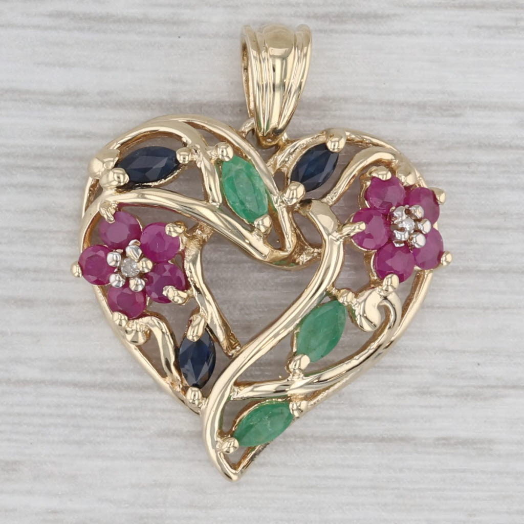 1.30ctw Ruby Emerald Sapphire Open Heart Pendant 10k Yellow Gold