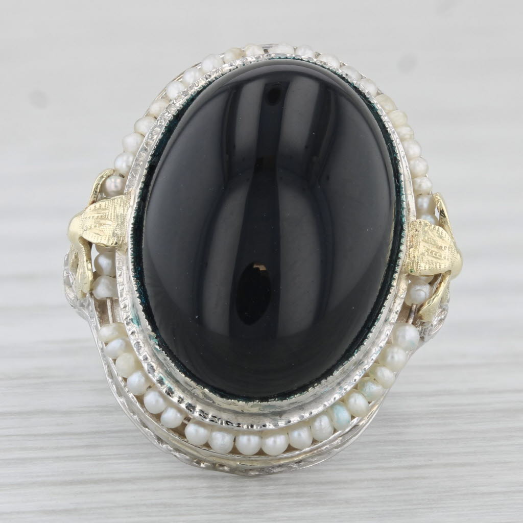 Light Gray Vintage Onyx Oval Cabochon Seed Pearls Ring 10k Gold Floral Filigree Size 4.75