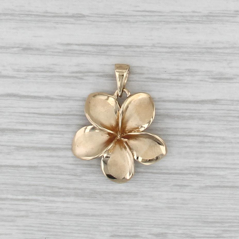 Plumeria Flower Pendant 14k Yellow Gold Brushed Floral Drop