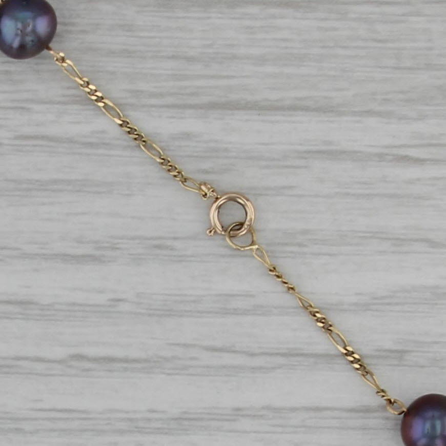 Black Cultured Pearl Station Necklace 14k Yellow Gold 17.5" Figaro Chain