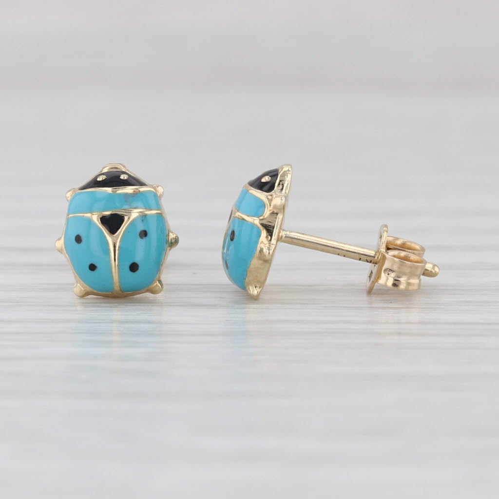 Blue Ladybug Stud Earrings 14k Yellow Gold Resin Small Studs Good Luck