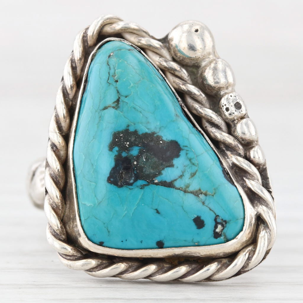 Slate Gray Vintage Native American Turquoise Cabochon Ring Sterling Silver Signed Size 8