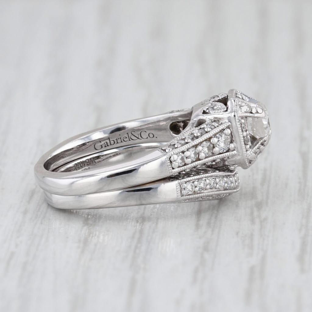 Gabriel & CO 1.06ctw Diamond Halo Engagement Ring Wedding Band Set 14k Gold