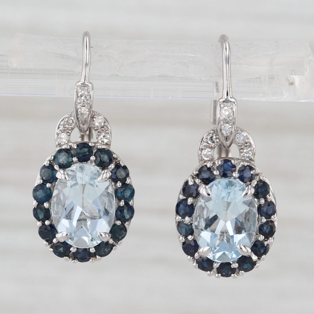 3.31ctw Diamond Aquamarine Sapphire Halo Drop Earrings 14k White Gold